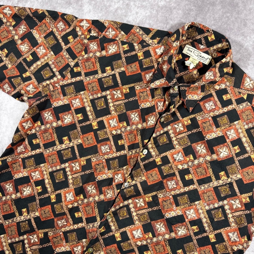 Tori Richard Honolulu Mens Medium Cotton Lawn Geometric Tribal Hawaiian Shirt US